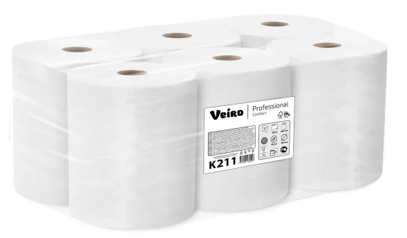 Бумажные полотенца в рулонах K211 Veiro Comfort белые однослойные линейки Professional (6 рул х 150 м)